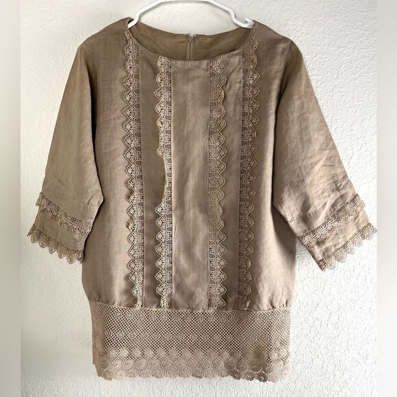 Vintage Cloak of Many Colors by Liberty & Lucretia Tan Linen Lace Trim Top - Picture 1 of 10